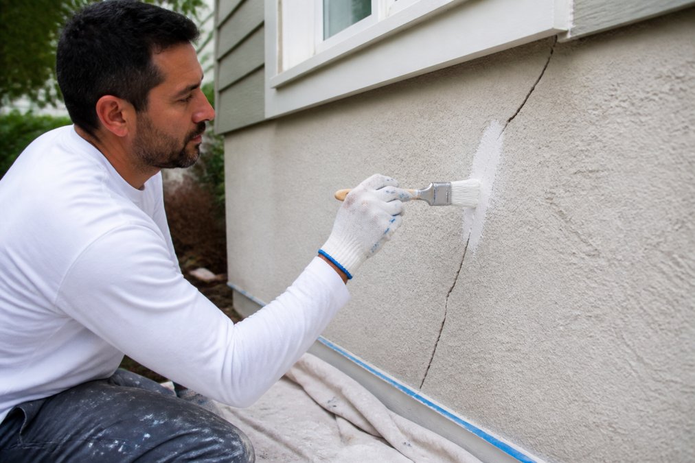 Professional painter applying primer to sealed exterior cracks on residential home wall, demonstrating proper brush technique with even coverage