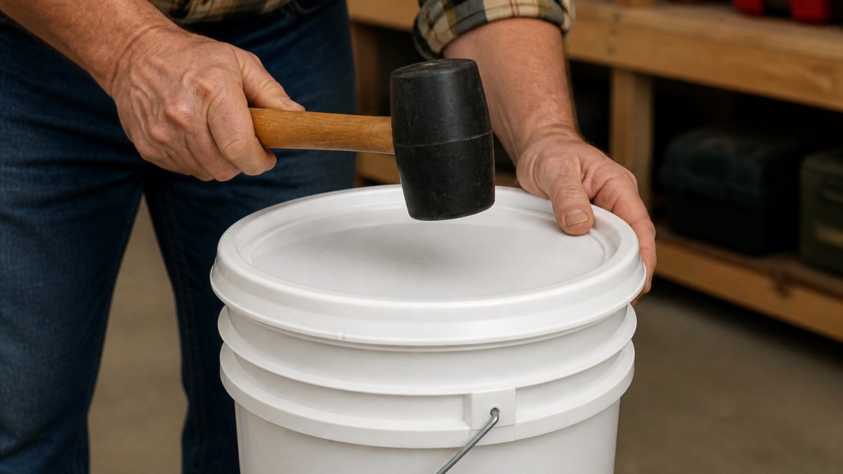 Step-by-step diagram showing how to seal food-grade buckets using a rubber mallet for a secure lid fit.