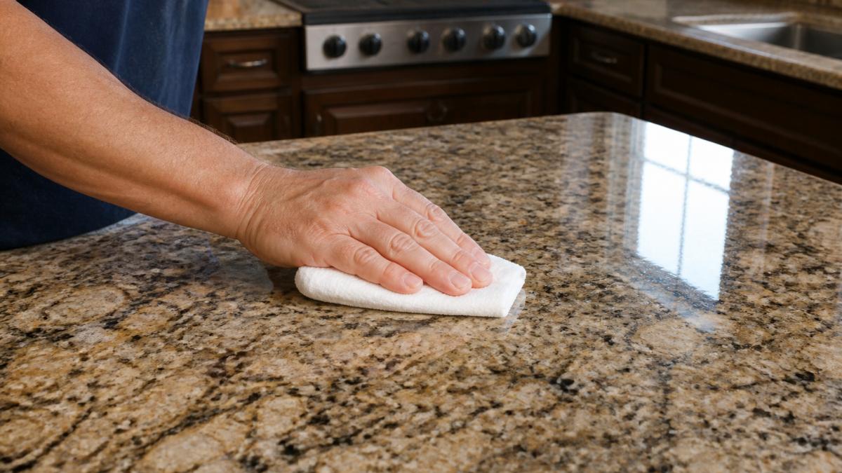 Close-up of hands applying granite sealer with soft applicator cloth to granite countertop surface, showing even distribution of liquid sealer