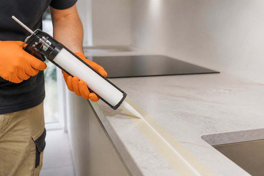 Professional demonstrating how to apply sealant to a kitchen worktop joint using a caulking gun, showing the correct 45-degree angle and smooth motion, with masking tape protecting the worktop surface