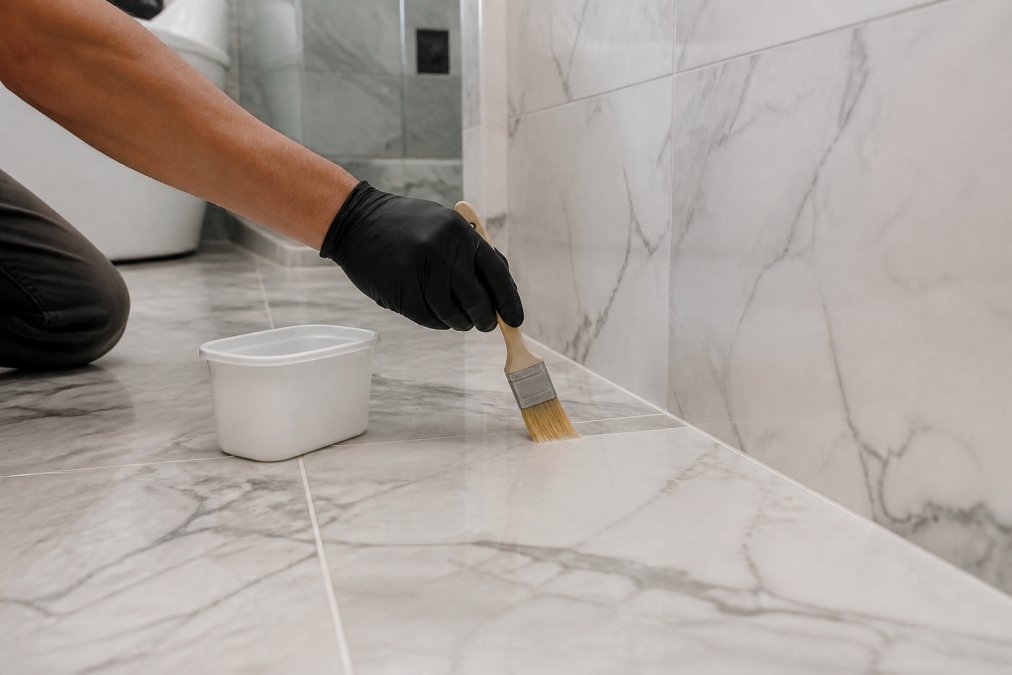 Professional hands carefully applying stone sealer with a brush to a marble bathroom tile surface in natural lighting, showing proper technique