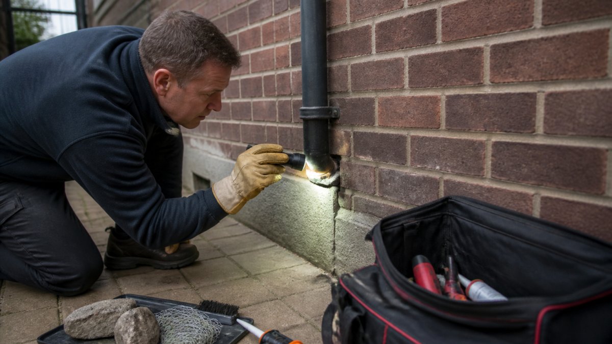 Close-up of a homeowner in work gloves examining the base of an exterior wall with a torch, looking for gaps around a pipe where it enters the brickwork
