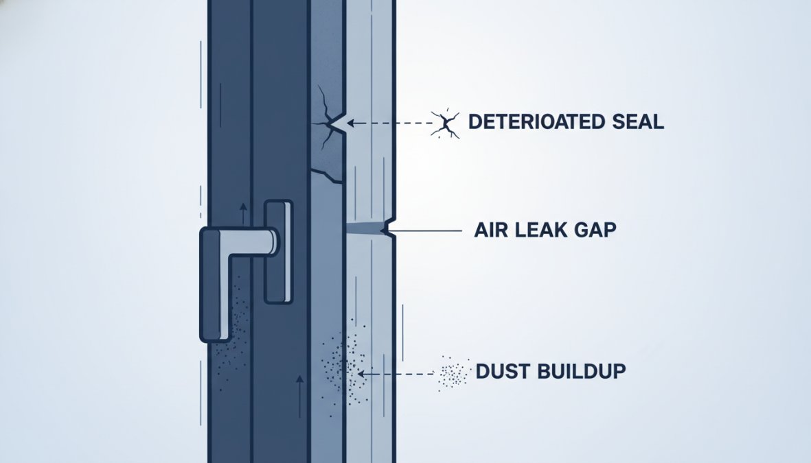 Close-up of a window sash showing visible gaps between frame and sash, dust accumulation in the track grooves, and deteriorating weatherstripping in natural daylight