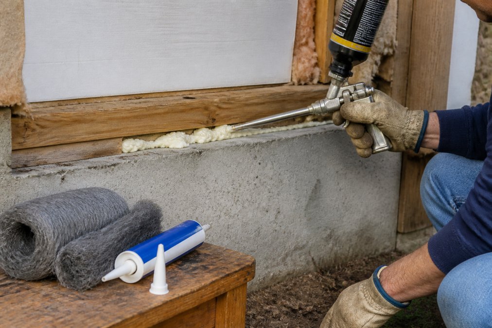 Hands wearing work gloves applying expanding foam to a large gap at the foundation sill plate, with steel wool and caulk supplies visible on a workbench