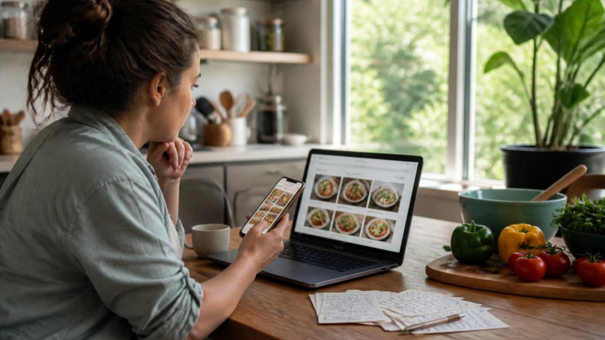 Infographic showing how to search recipes I have saved using a digital organizer app on a laptop and smartphone