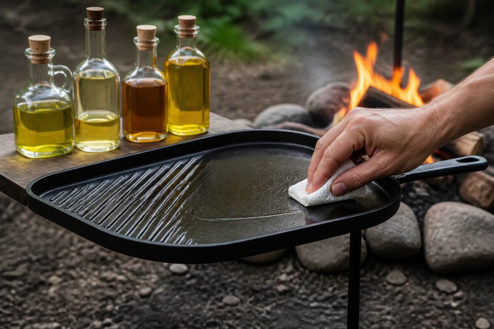 Close-up of various cooking oils in clear bottles arranged on a wooden surface next to a carbon steel pan with a thin glossy layer, hands applying oil with a paper towel in natural kitchen lighting