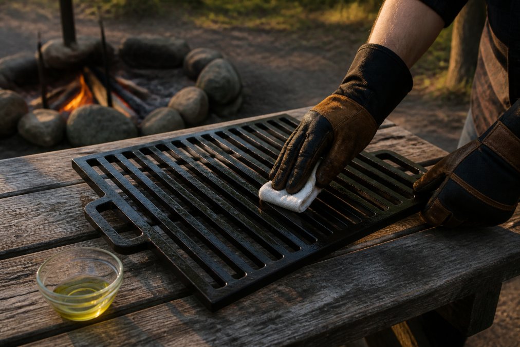 Close-up of hands in heat-resistant gloves applying a thin layer of oil to a cast iron campfire grate with a lint-free cloth, the grate resting on a wooden picnic table beside a campfire pit in late afternoon light