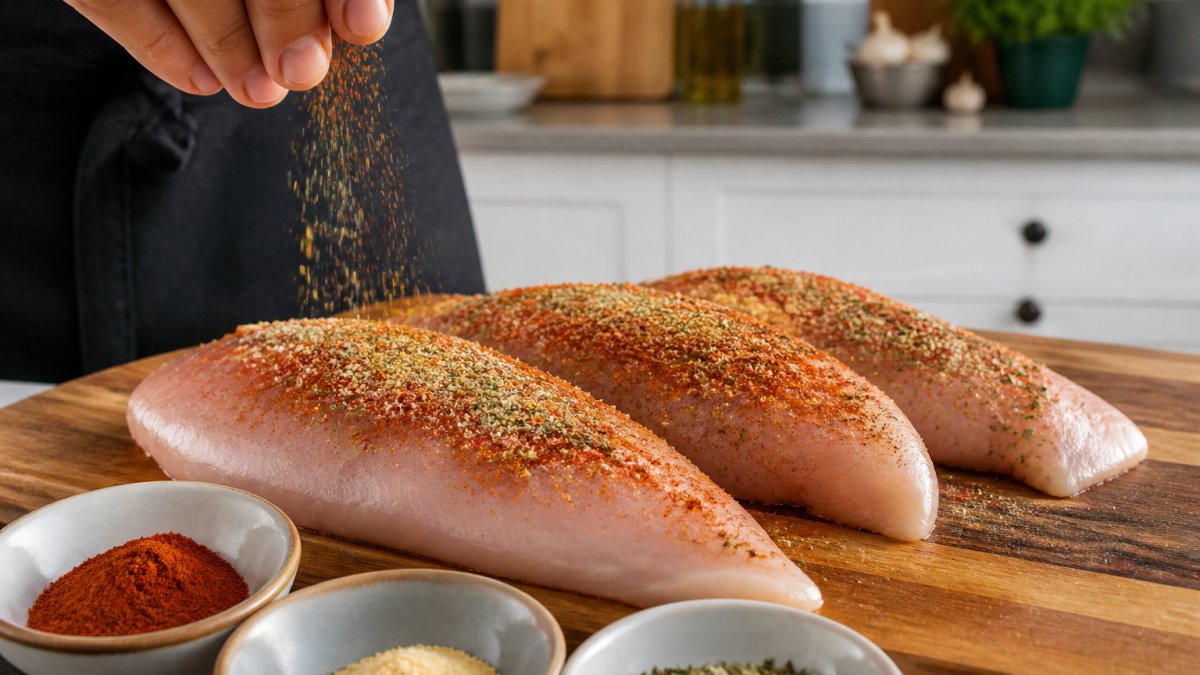 Hands sprinkling a vibrant spice blend onto raw chicken breasts on a wooden cutting board in a kitchen