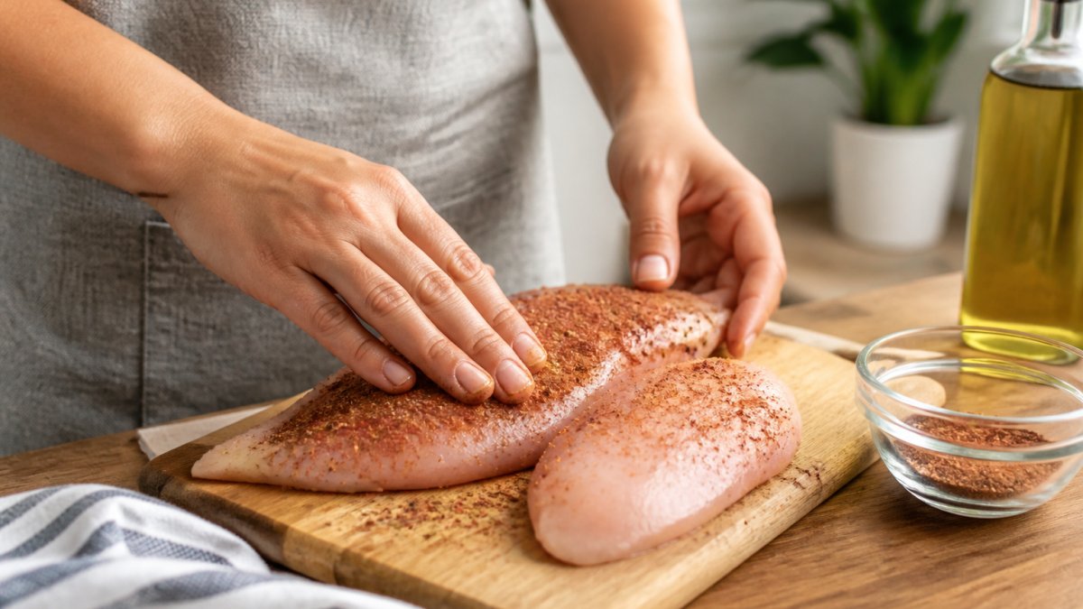Close-up of hands rubbing a dry spice blend onto raw boneless skinless chicken breasts on a cutting board, with a small bowl of seasoning and a bottle of olive oil nearby in a bright home kitchen