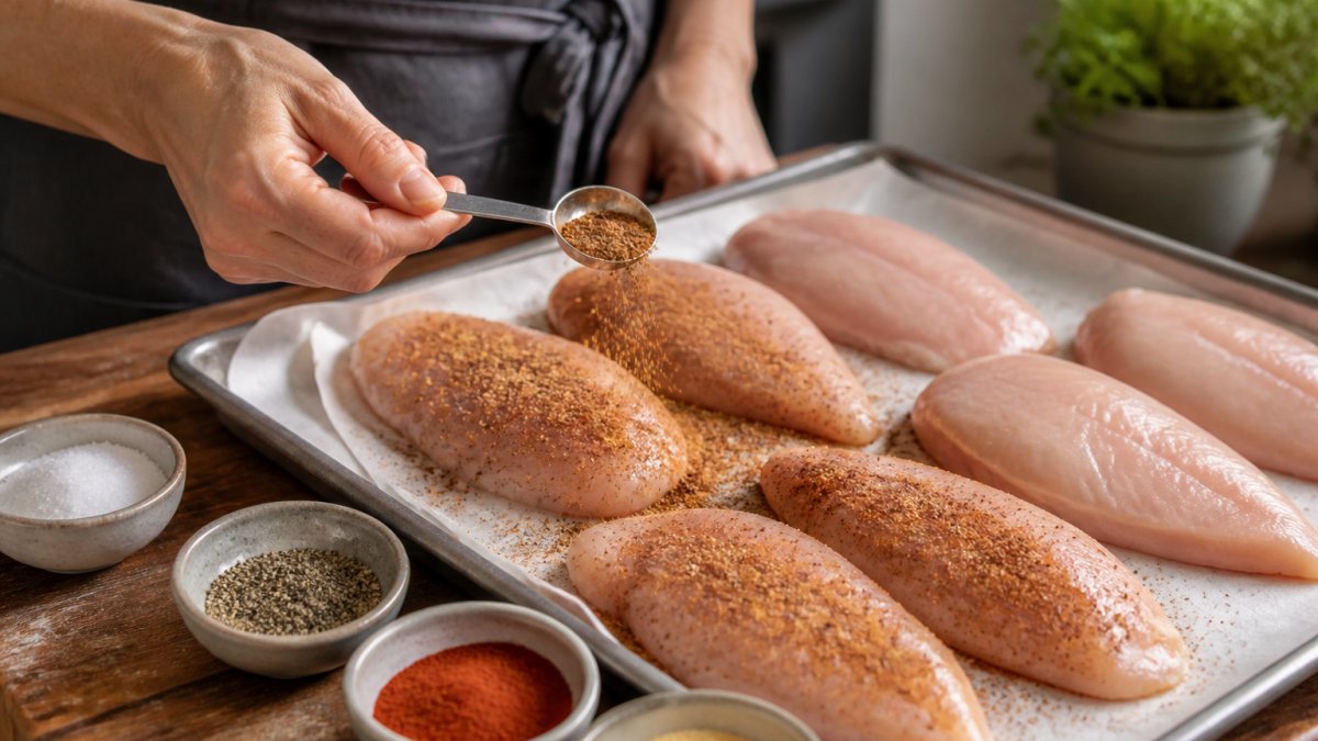 Hands sprinkling spice rub onto raw chicken breasts on a sheet pan with bowls of seasoning nearby