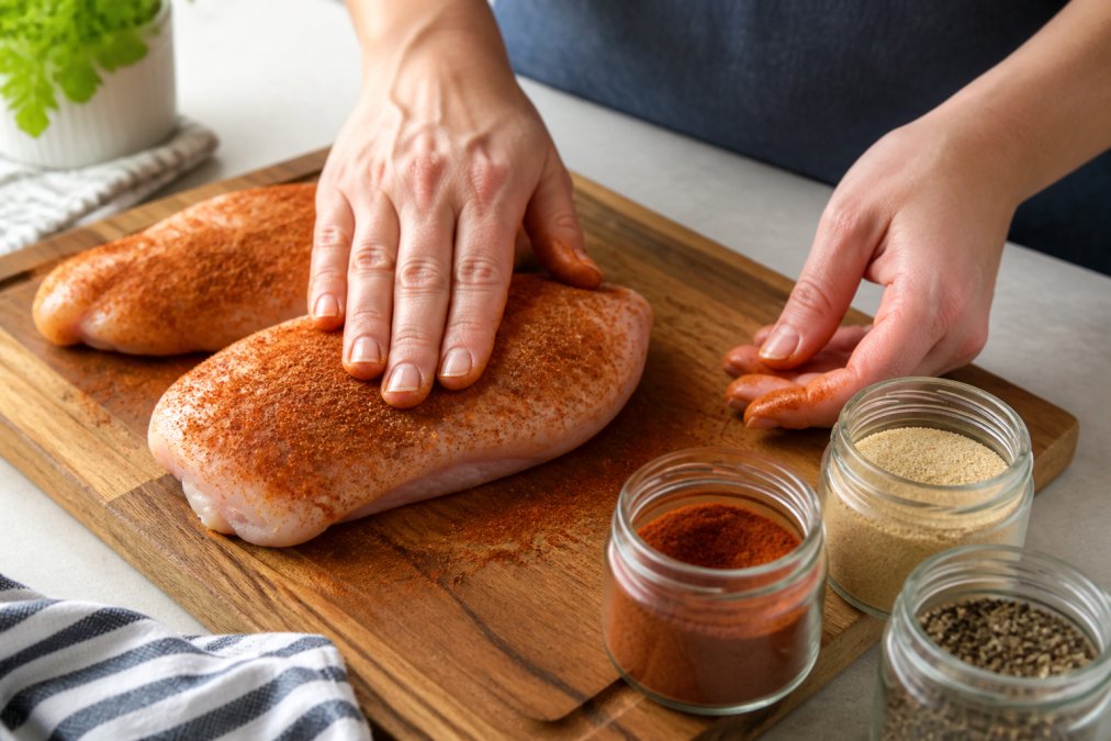 Close-up of hands pressing a dry seasoning blend of smoked paprika, garlic powder, and black pepper onto raw chicken breasts on a wooden cutting board, with small open spice jars arranged nearby on a bright kitchen counter