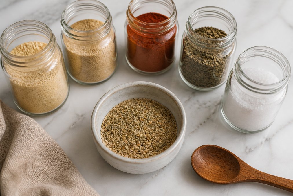 Flat-lay of labeled spice jars including garlic powder, onion powder, smoked paprika, thyme, and kosher salt arranged in a semicircle on a white marble kitchen counter, with a small ceramic mixing bowl filled with a blended seasoning mix in the center, warm natural window light