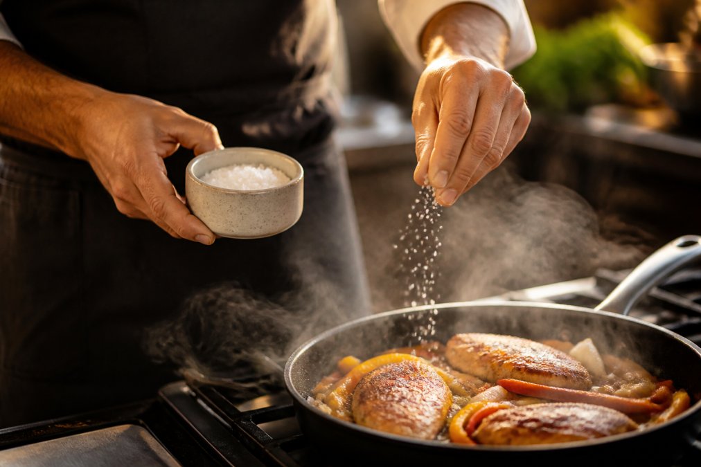 Close-up of a chef's hand pinching kosher salt from a ceramic salt cellar over a sizzling pan on a stovetop, warm ambient kitchen lighting, steam rising from the pan