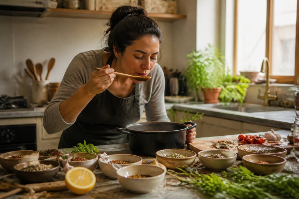 Home cook tasting a dish from a wooden spoon at a kitchen counter, surrounded by small ceramic bowls of spices, fresh herbs, and a halved lemon, warm natural light from a kitchen window