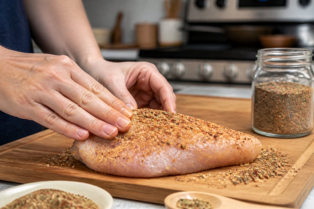 Hands pressing a dry seasoning rub onto a frozen chicken breast on a cutting board in a kitchen