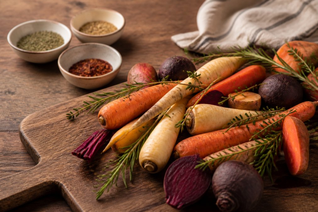 Colorful carrots, parsnips, and beets with fresh herbs prepared for roasted root vegetables on a wooden board