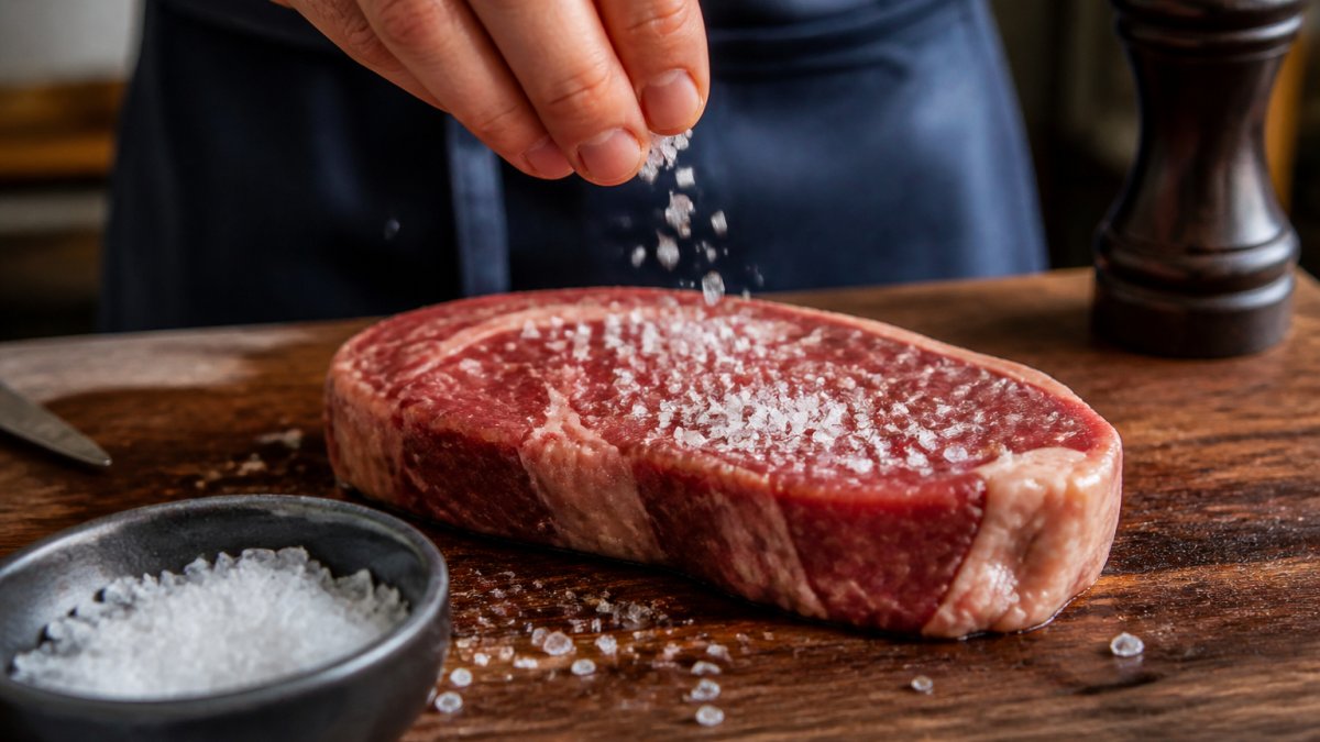 Close-up of a hand sprinkling kosher salt over a raw steak on a wooden cutting board, with a small bowl of salt and a pepper grinder nearby