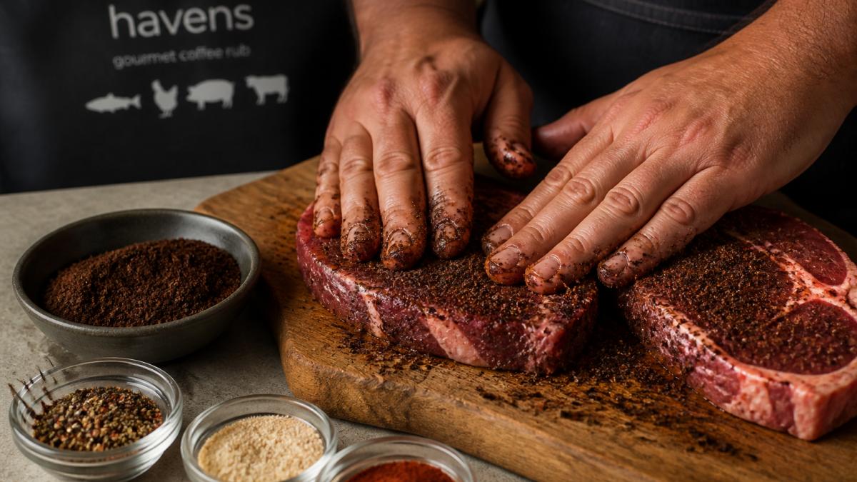 Close-up of hands pressing a dark coffee rub generously onto both sides of a raw steak on a wooden cutting board, with small bowls of ground coffee and complementary spices nearby
