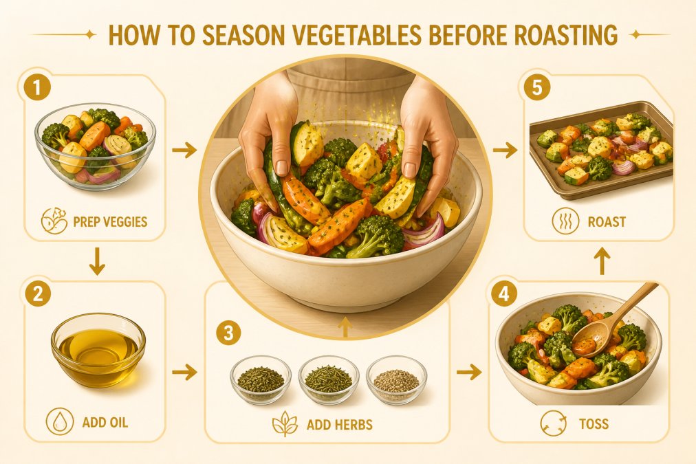 Hands tossing fresh cut vegetables in a large ceramic bowl with golden olive oil and dried herbs, showing the coating process before roasting, natural kitchen lighting