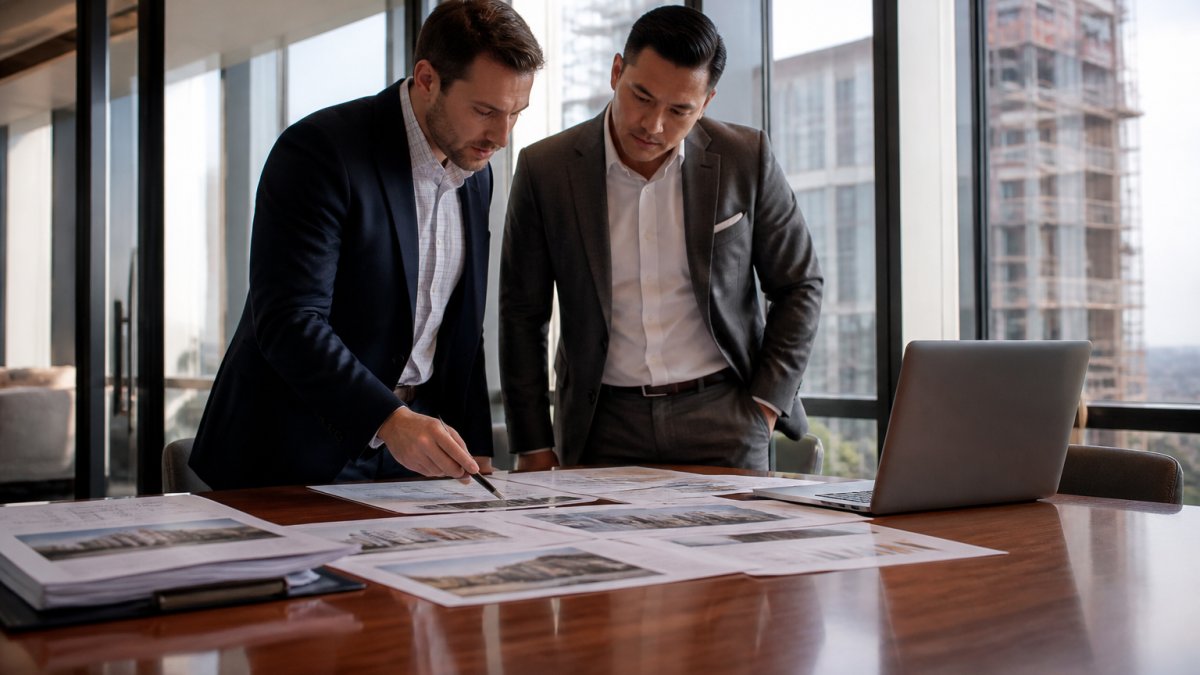A commercial real estate investor and lender reviewing loan documents and a property pro forma at a modern conference table, with a laptop and financial printouts visible