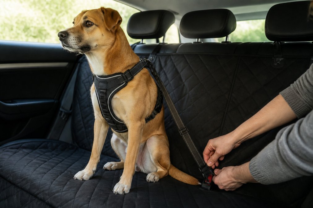 A medium-sized dog sitting calmly on a quilted back seat cover in a car, wearing a padded harness attached to a seat belt tether, with a person's hands adjusting the strap in bright daylight