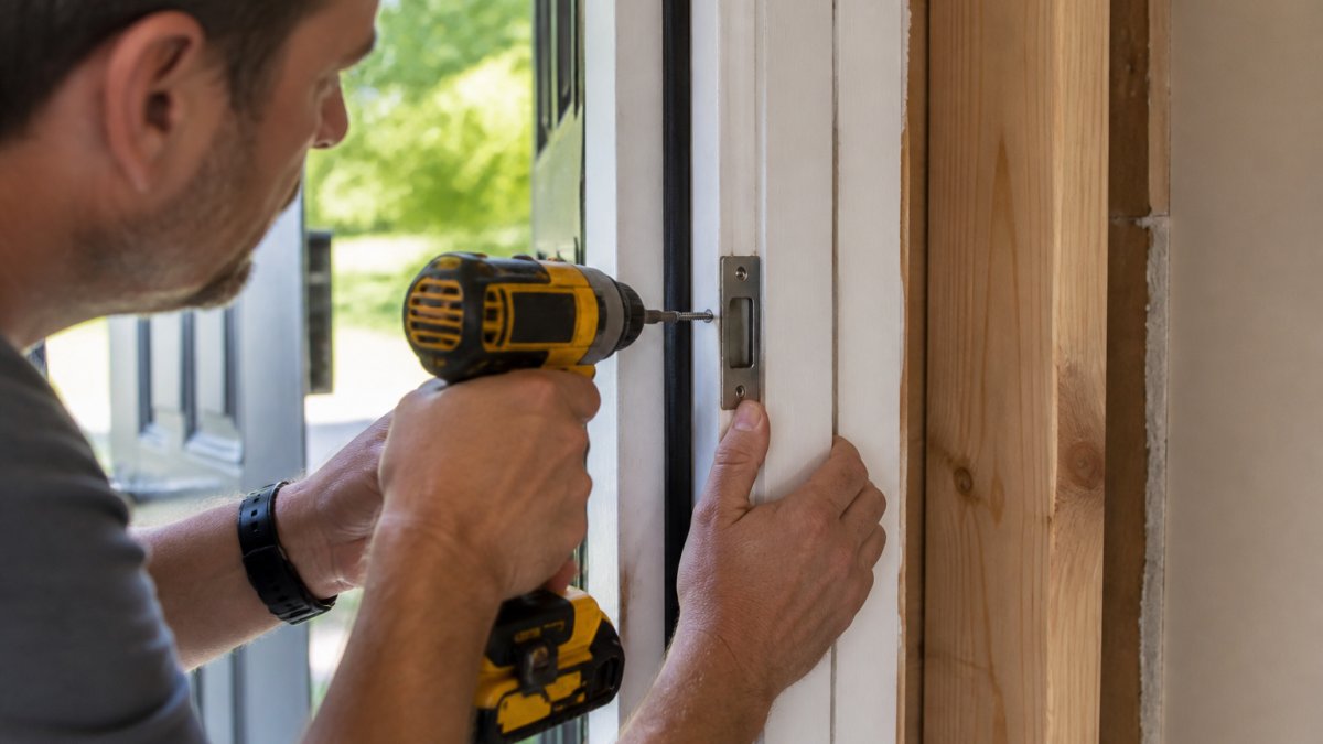 Hands using a cordless drill to drive a long screw into a door strike plate on a wooden door jamb