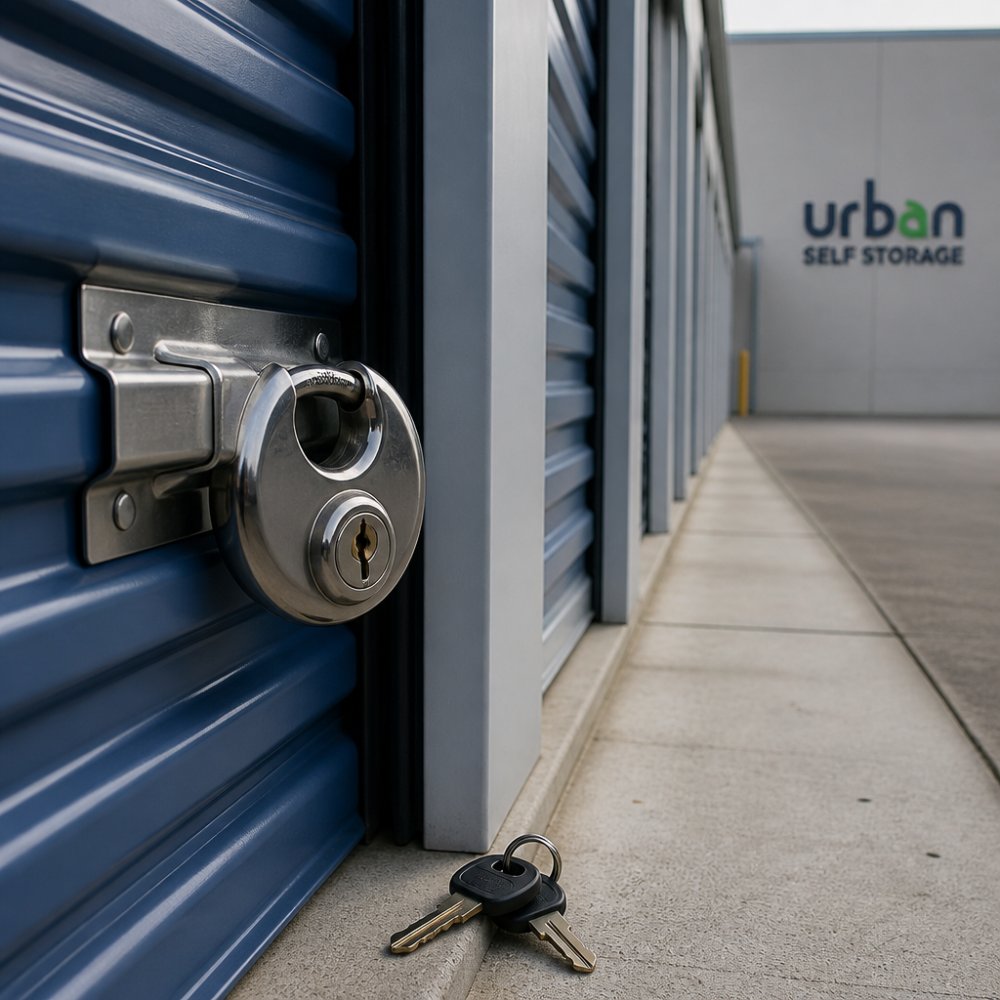 Close-up of a heavy-duty disc lock secured on a self storage unit door, with a shrouded shackle and hardened steel body visible, and a set of keys resting on the ground beside a concrete corridor