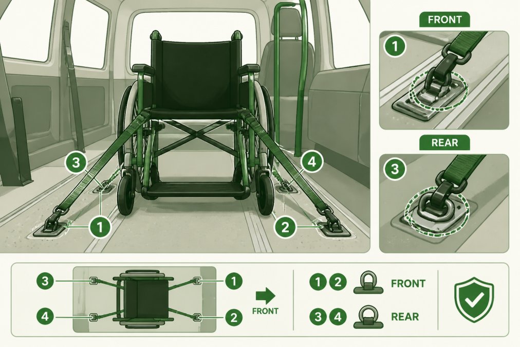 Close-up view of a wheelchair positioned in a minibus with restraint straps visible, showing proper front and rear positioning on the vehicle floor with anchor points clearly marked