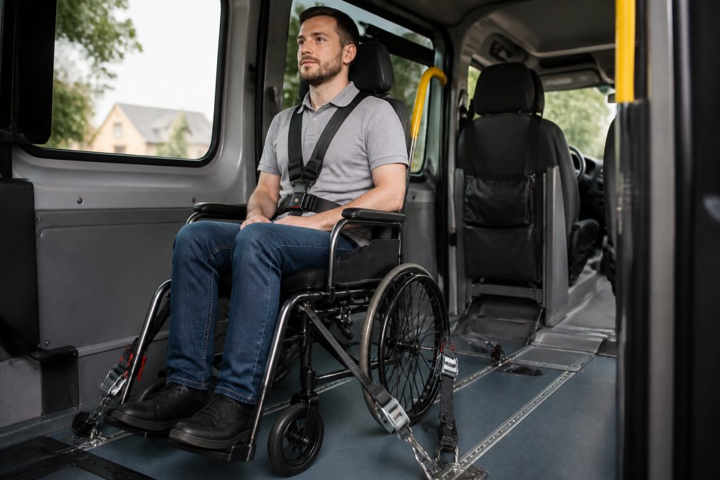 A passenger in a wheelchair wearing a lap belt and shoulder harness restraint system inside a minibus, demonstrating proper occupant positioning and harness placement with clear visibility of all attachment points