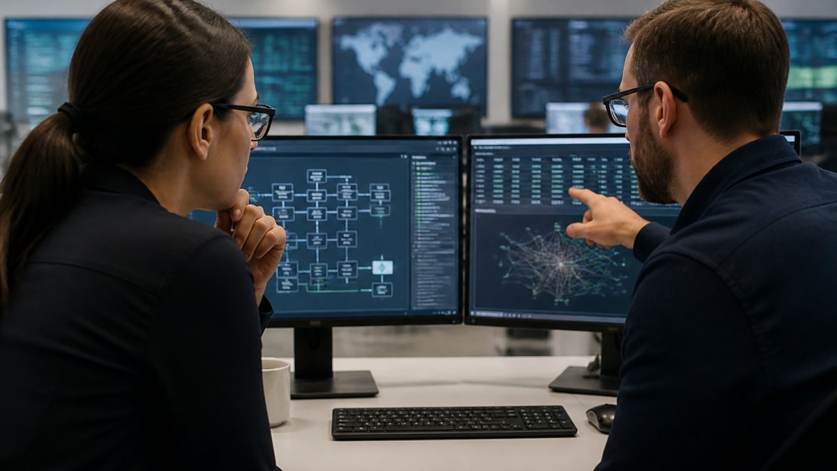 Two security engineers reviewing network architecture diagrams on large monitors in a modern security operations center, multiple screens showing API traffic flows and access control dashboards, cool blue lighting
