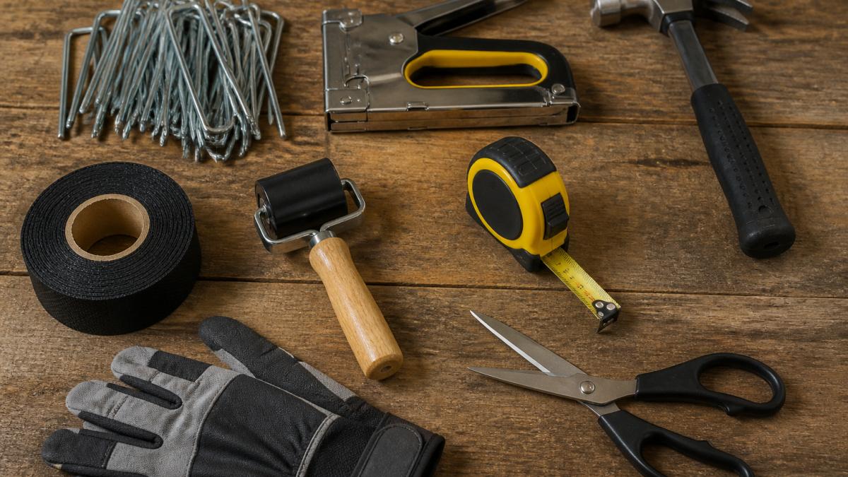 Installation tools like staples and a roller used to secure artificial turf without glue on a wooden workbench