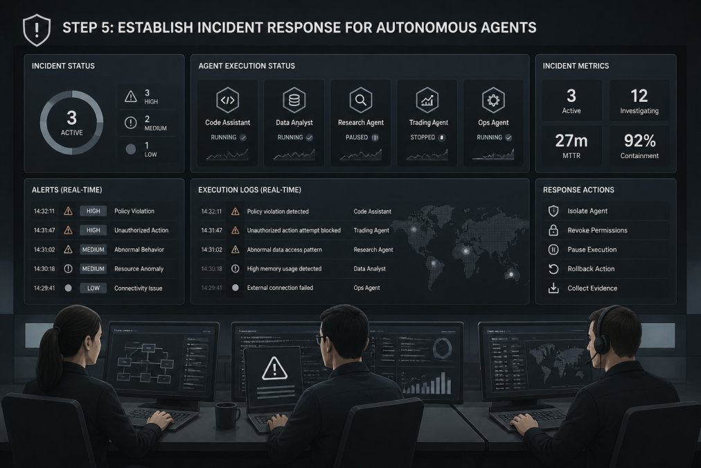 Security team responding to incident at laptops in monitoring center, with multiple screens showing logs, alerts, and agent execution status in real-time