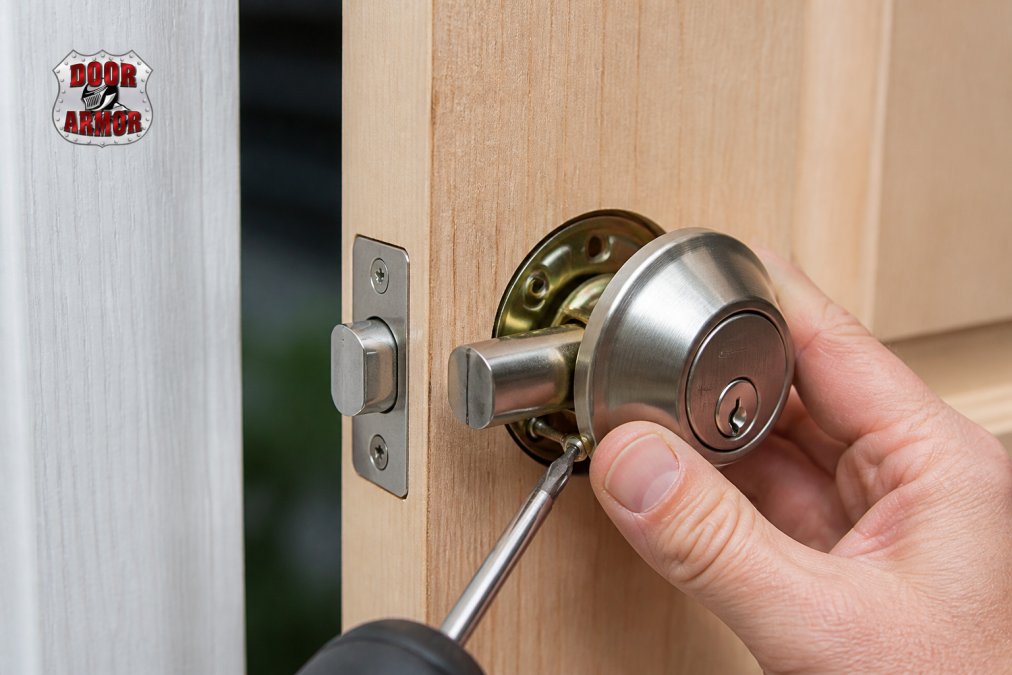 Close-up of a hand installing a heavy-duty deadbolt into a wooden back door frame, showing the shiny lock mechanism and installation hardware in natural daylight