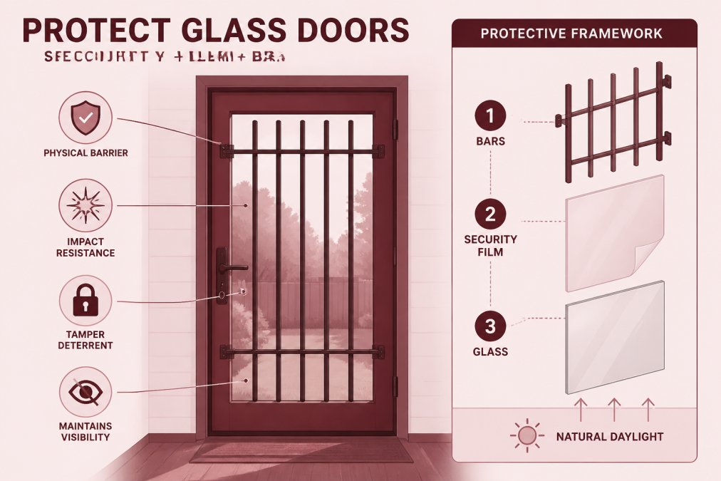 Glass back door with metal security bars installed, showing the protective framework against natural daylight from outside