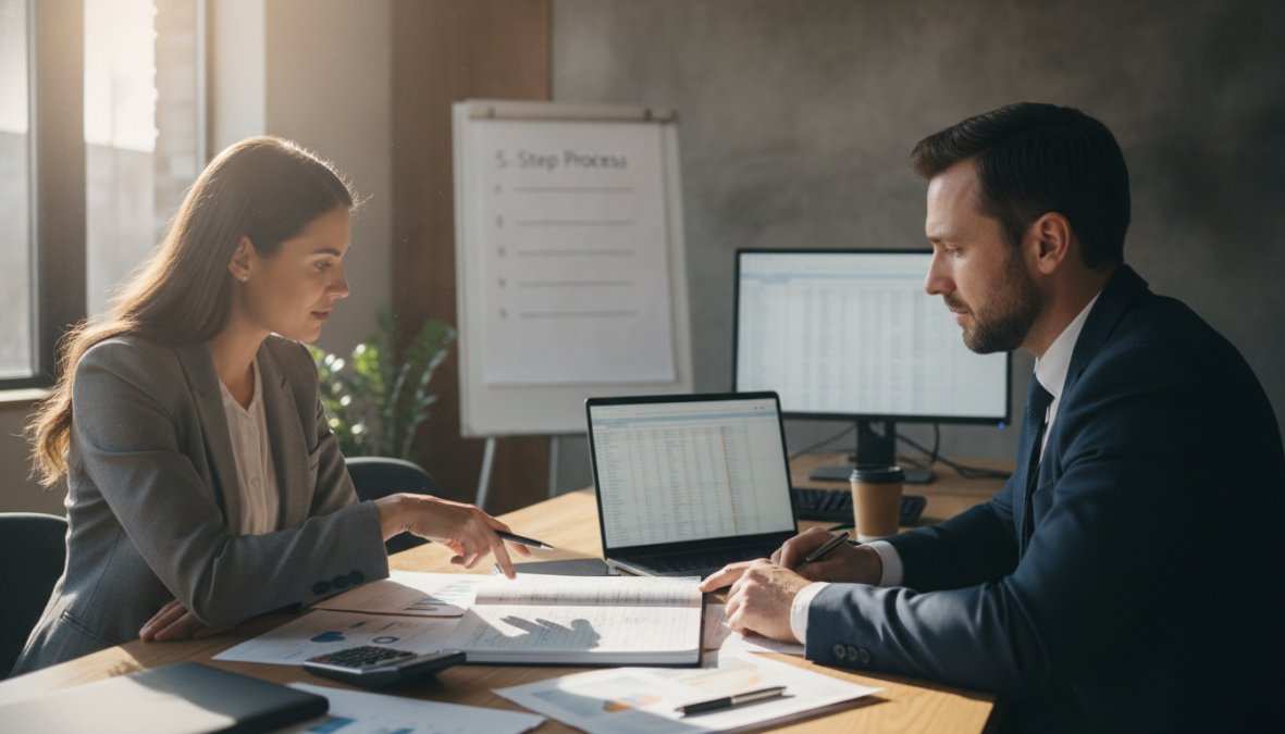 Professional reviewing loan documents and financial statements at a desk with a computer and calculator nearby