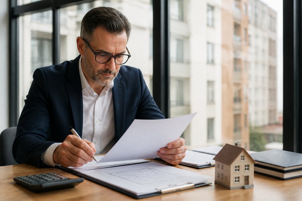 Professional investor reviewing bridge loan documents at desk with laptop, calculator, and property paperwork visible under natural office lighting