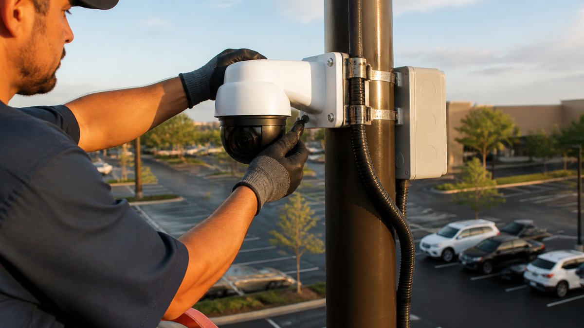 A security camera mounted on a light pole overlooking an empty commercial parking lot at night, wet asphalt reflecting overhead lights, parked cars in the distance