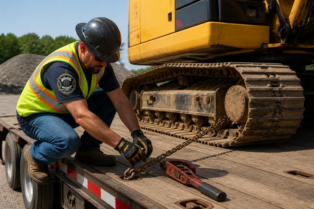 A worker in a hard hat and high-visibility safety vest crouching beside a yellow excavator on a flatbed trailer, threading a heavy-duty chain through a tie-down lug while a ratchet binder rests on the deck nearby, shot in bright midday construction site light