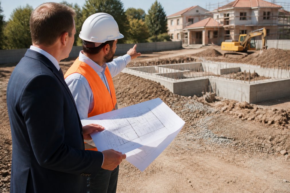 A real estate investor reviewing blueprints and a site plan at an active residential construction site, with a contractor pointing to the foundation in the background under bright daylight