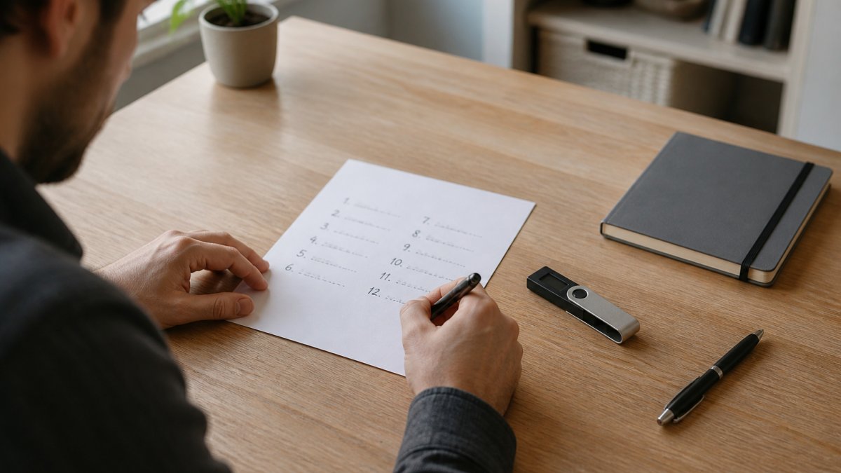 A person writing a 12-word recovery phrase in neat handwriting on a piece of paper at a wooden desk, with a hardware wallet and pen nearby, in a quiet home office with soft daylight