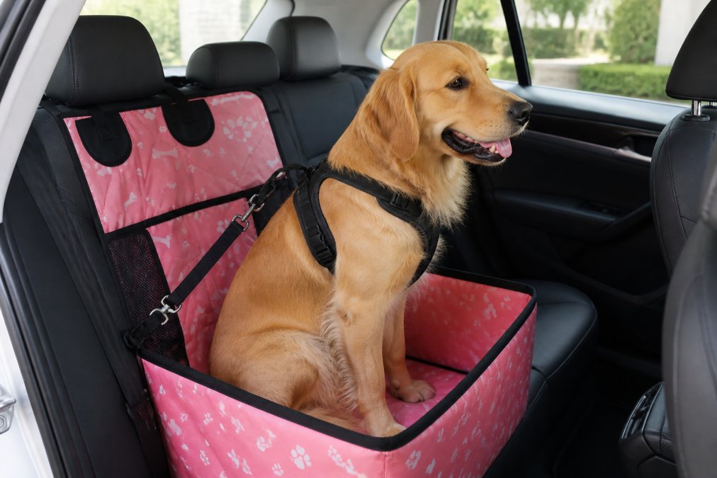 Medium-sized golden retriever wearing a black safety harness secured to the back seat of a sedan with visible seat belt attachment, dog's head alert and calm