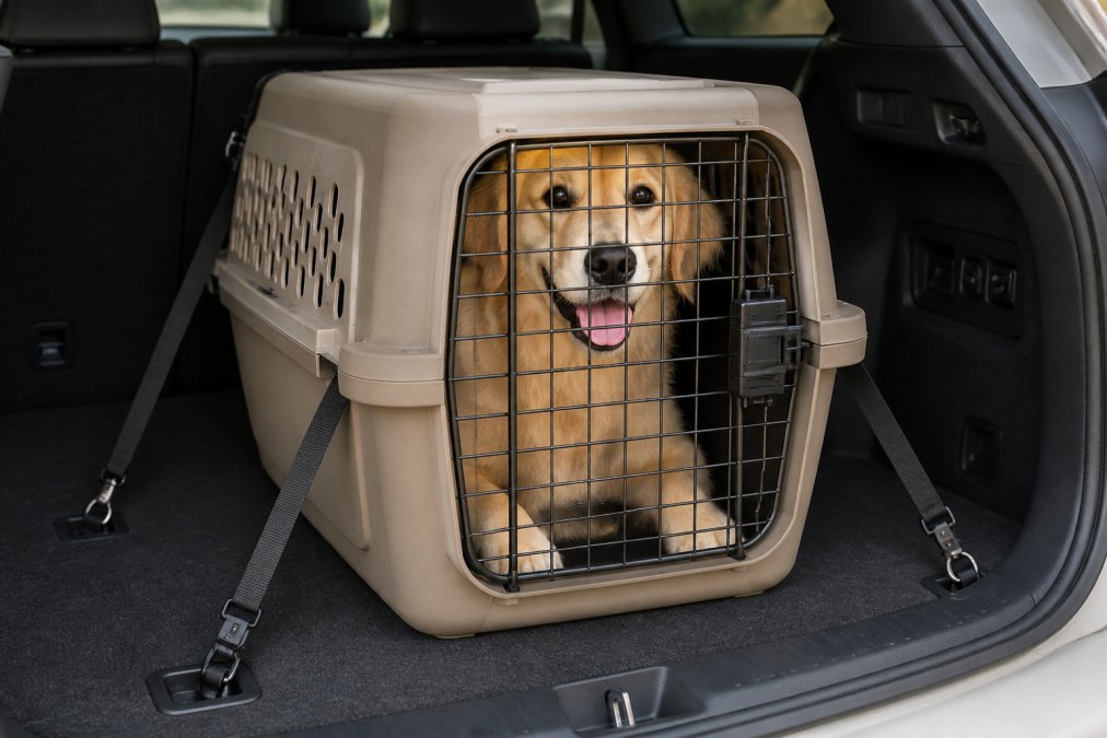 Close-up view of a tan hard-sided plastic dog crate secured in a vehicle's cargo area with black nylon anchor straps visibly fastened to metal tie-down points, straps pulled taut