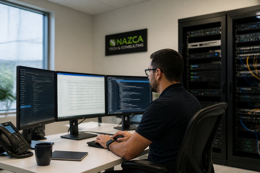 Healthcare IT professional reviewing security protocols on multiple computer monitors in a medical office, with network equipment and servers visible in the background, natural office lighting