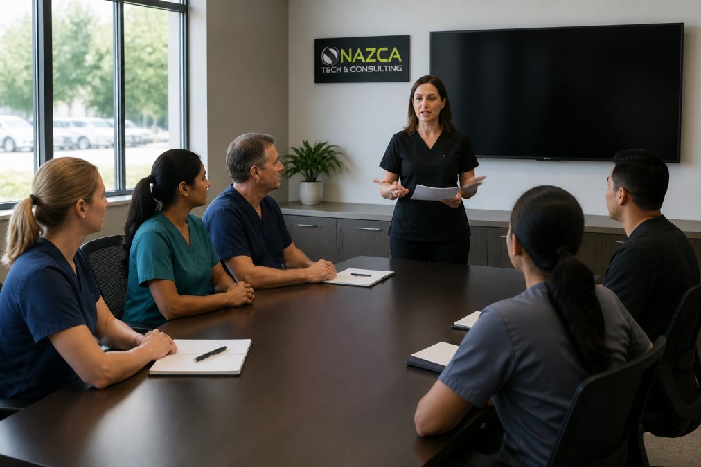 Medical office staff gathered in a training session, viewing a presentation on data security and HIPAA compliance on a large screen in a bright conference room