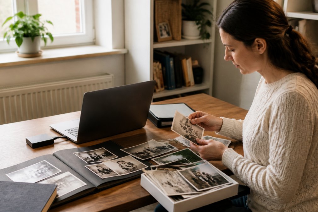 Family member organising physical photo albums and digital files on a wooden desk with a laptop and external hard drive, natural afternoon light streaming through the window