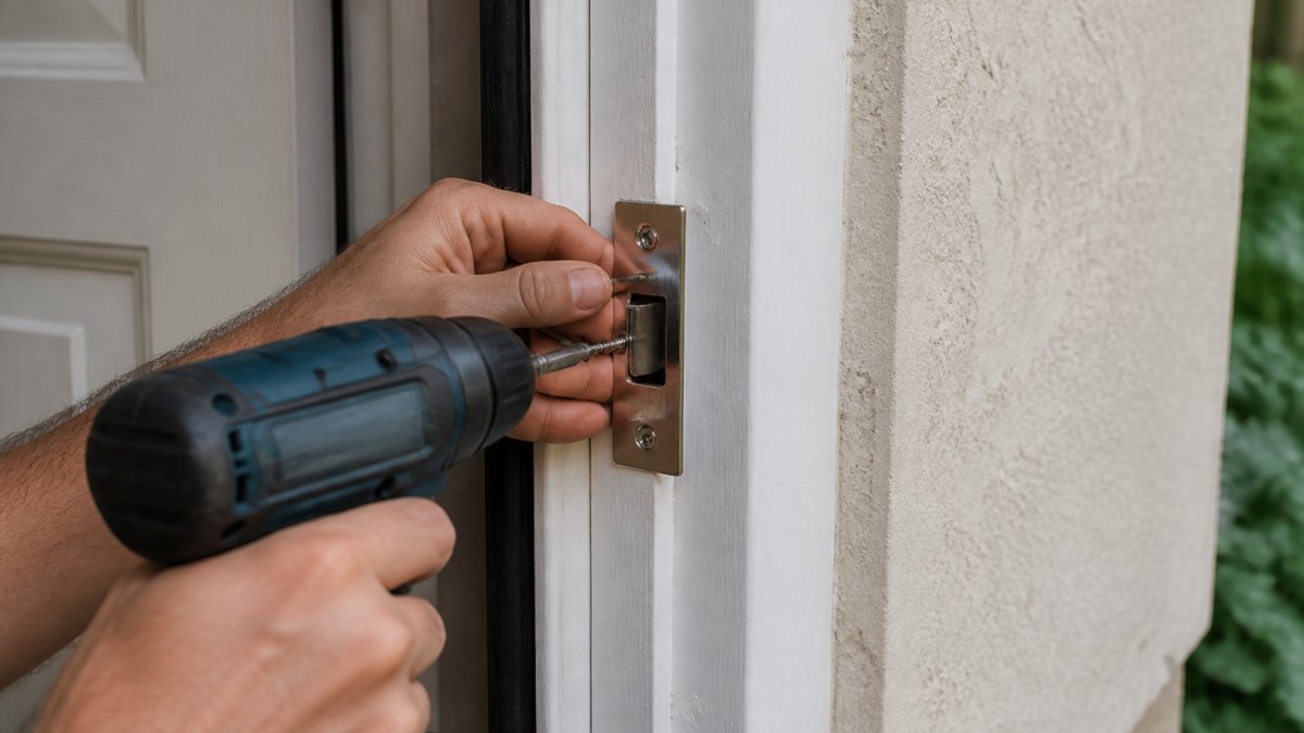 Homeowner's hands installing a reinforced metal strike plate onto a garage side door frame, showing the plate alignment with the bolt hole and multiple screws being fastened