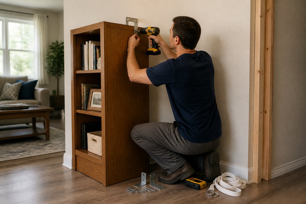 A person using a cordless drill to attach an L-bracket from a tall wooden bookshelf to a wall stud, with screws, a stud finder, and nylon straps laid out on the floor nearby in a bright living room