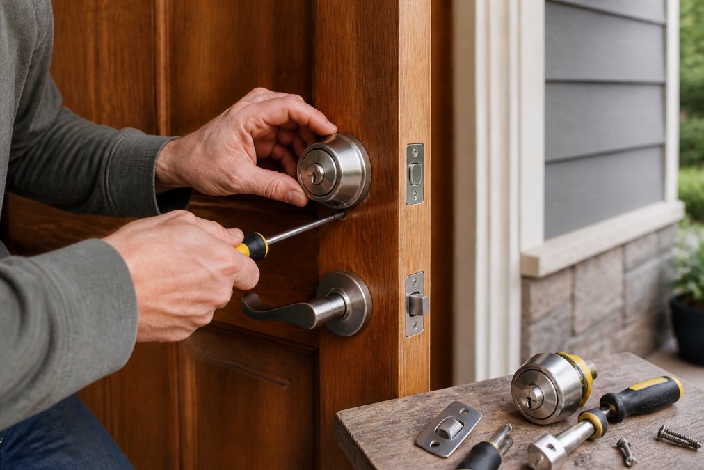 Step-by-step diagram showing how to install a deadbolt to secure home while traveling by fortifying your front door.