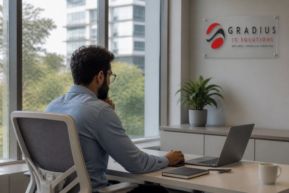 IT administrator at a workstation reviewing security dashboards and identity management controls on multiple monitors in a modern office environment with soft natural lighting