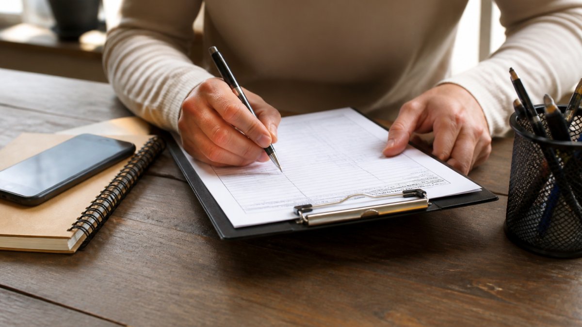 A close-up of a person's hands holding a pen, filling out official paperwork on a clipboard in a well-lit room, with a phone and notepad nearby